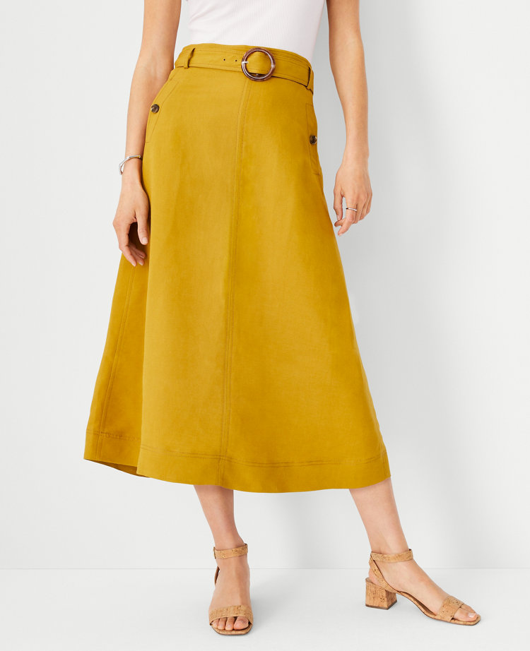 Petite Linen Blend Belted Midi Skirt 
