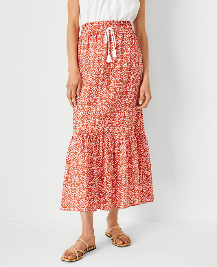 Ann Taylor Floral Flounce Drawstring Maxi Skirt