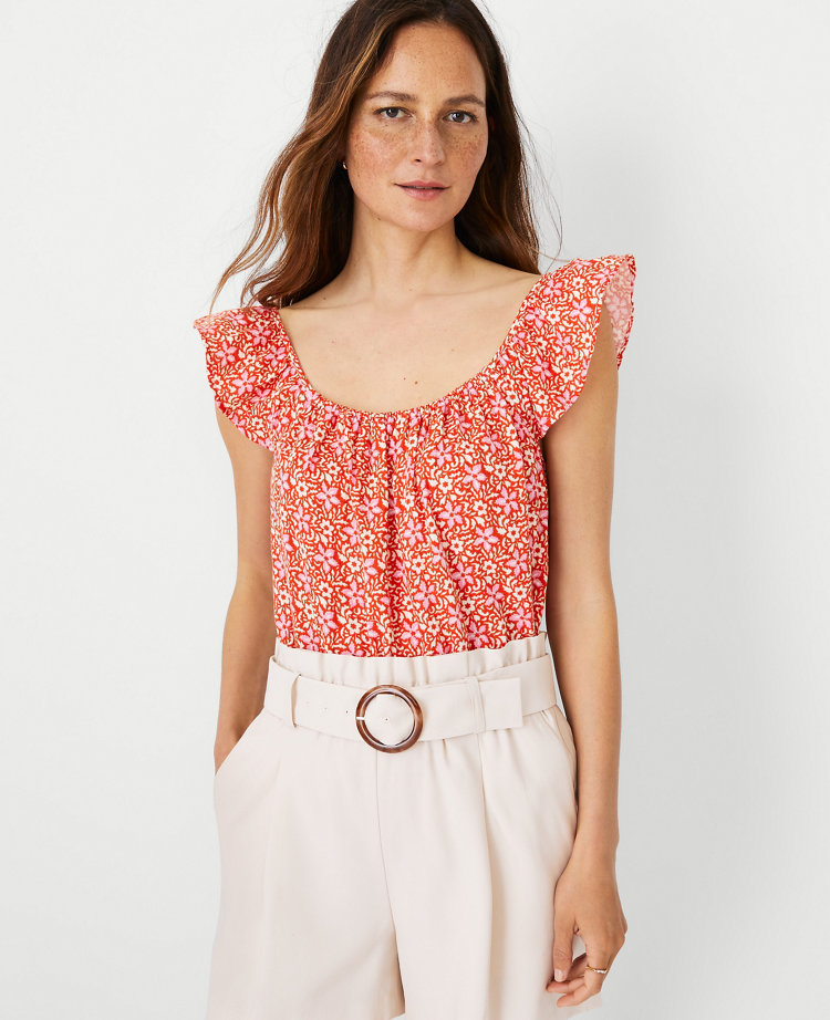 Ann Taylor Petite Floral Gauze Ruffle Strap Tank Top