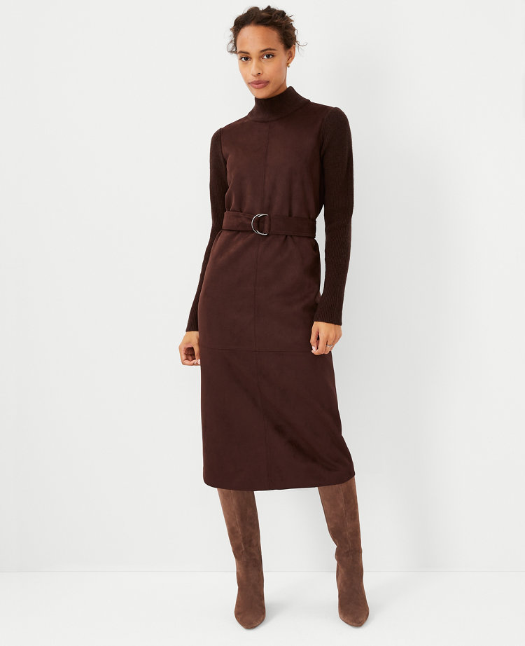 Faux Suede Mixed Media Sweater Dress