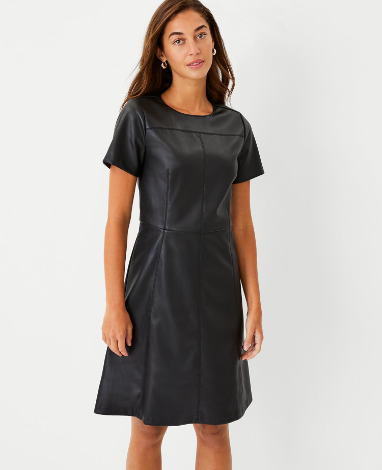 Seamed Faux Leather Flare Dress