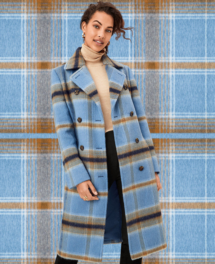 Double-Breasted Plaid Wool Coat