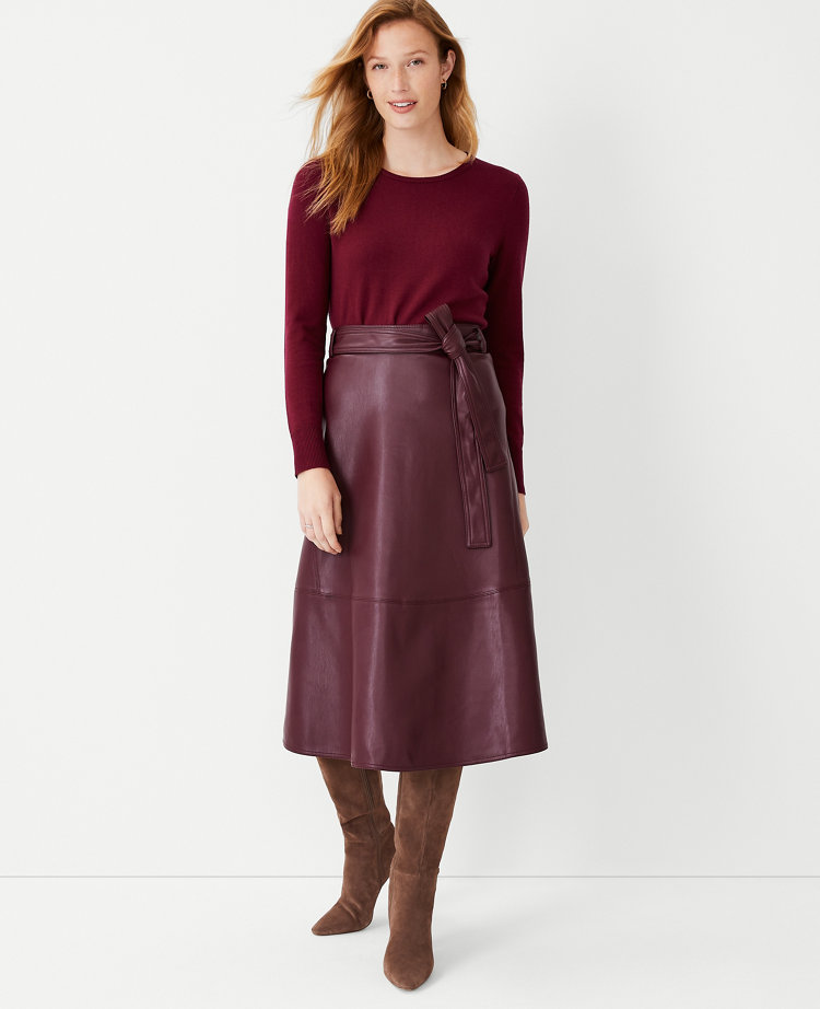 Seamed Faux Leather Tie Waist Midi Skirt