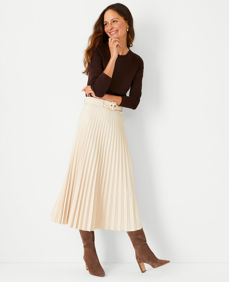 Belted Pleated Midi Skirt