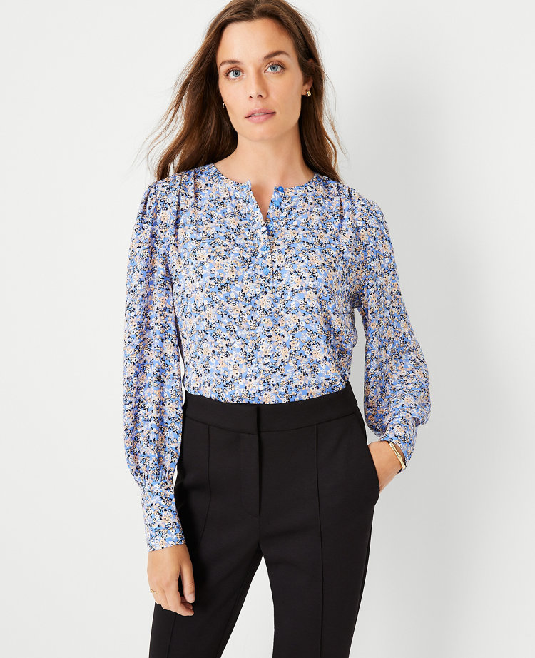 Floral Mixed Media Puff Sleeve Button Blouse