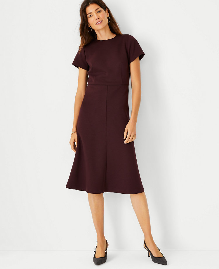 Ann Taylor The Tall Midi Flare Dress In Double Knit In Midnight Fig