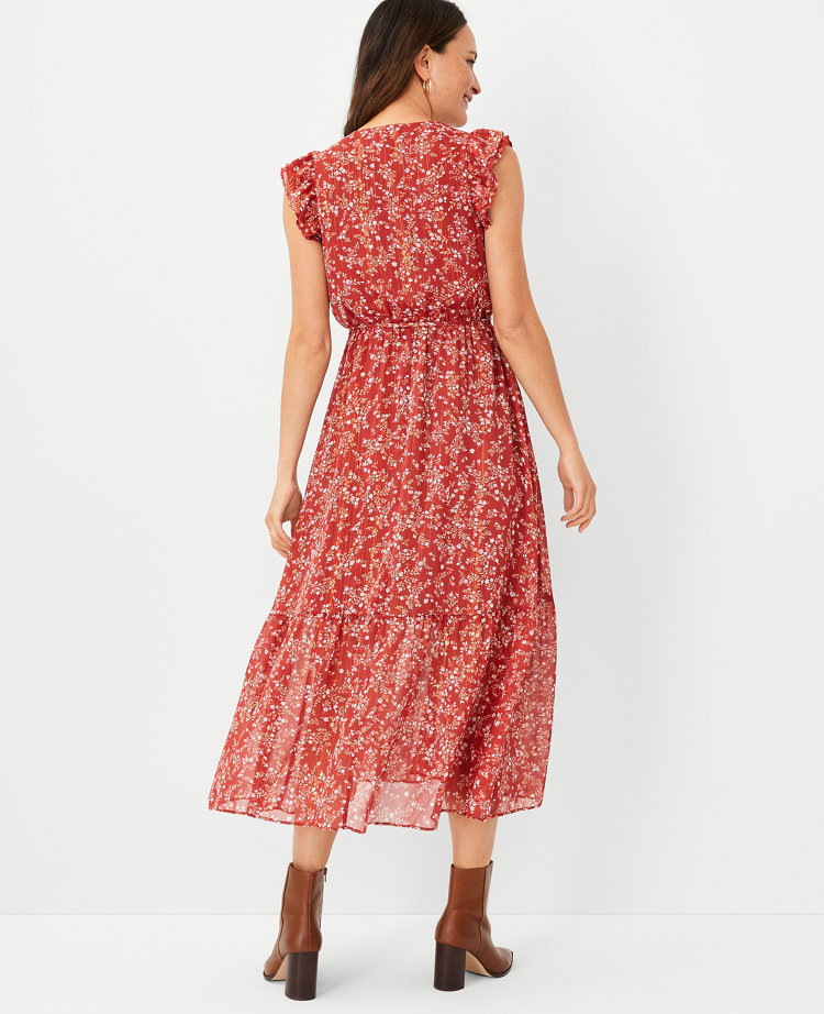 Petite Shimmer Floral Flutter Sleeve Wrap Dress