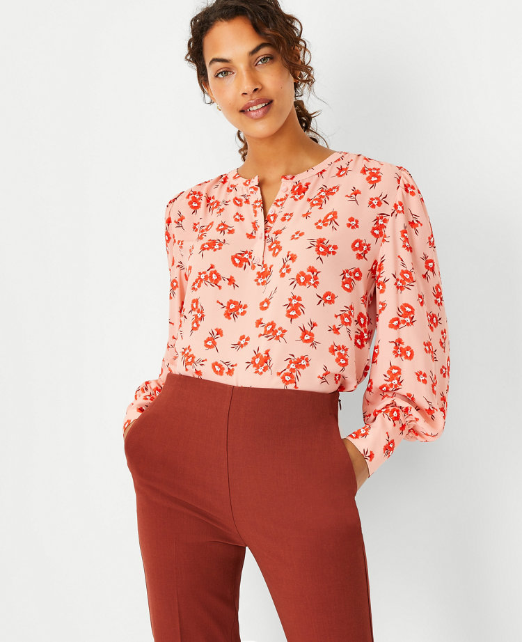 Petite Floral Mixed Media Puff Sleeve Button Blouse