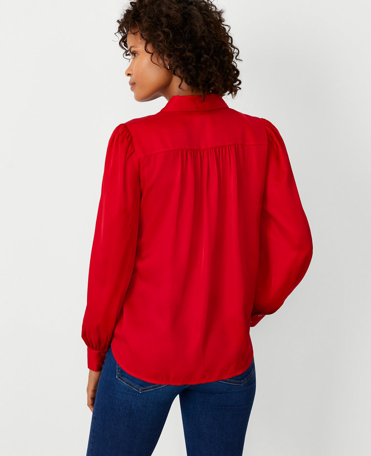 Clarissa Clinched Waist Pleated Collared Button Down Top (Burgundy)