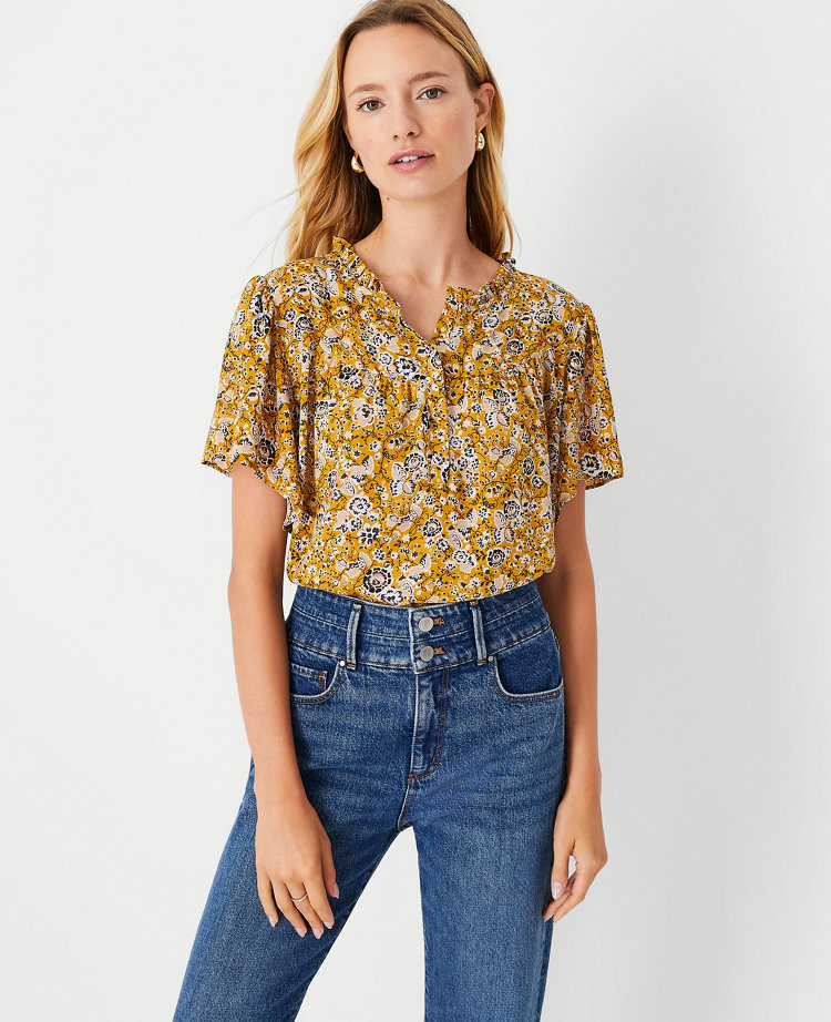 Heritage Floral Mixed Media Ruffle Neck Top