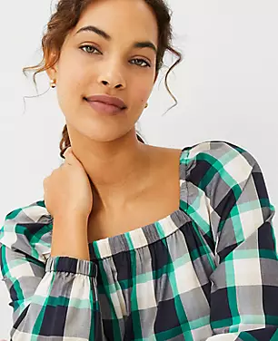 Plaid Ruched Square Neck Top carousel Product Image 1