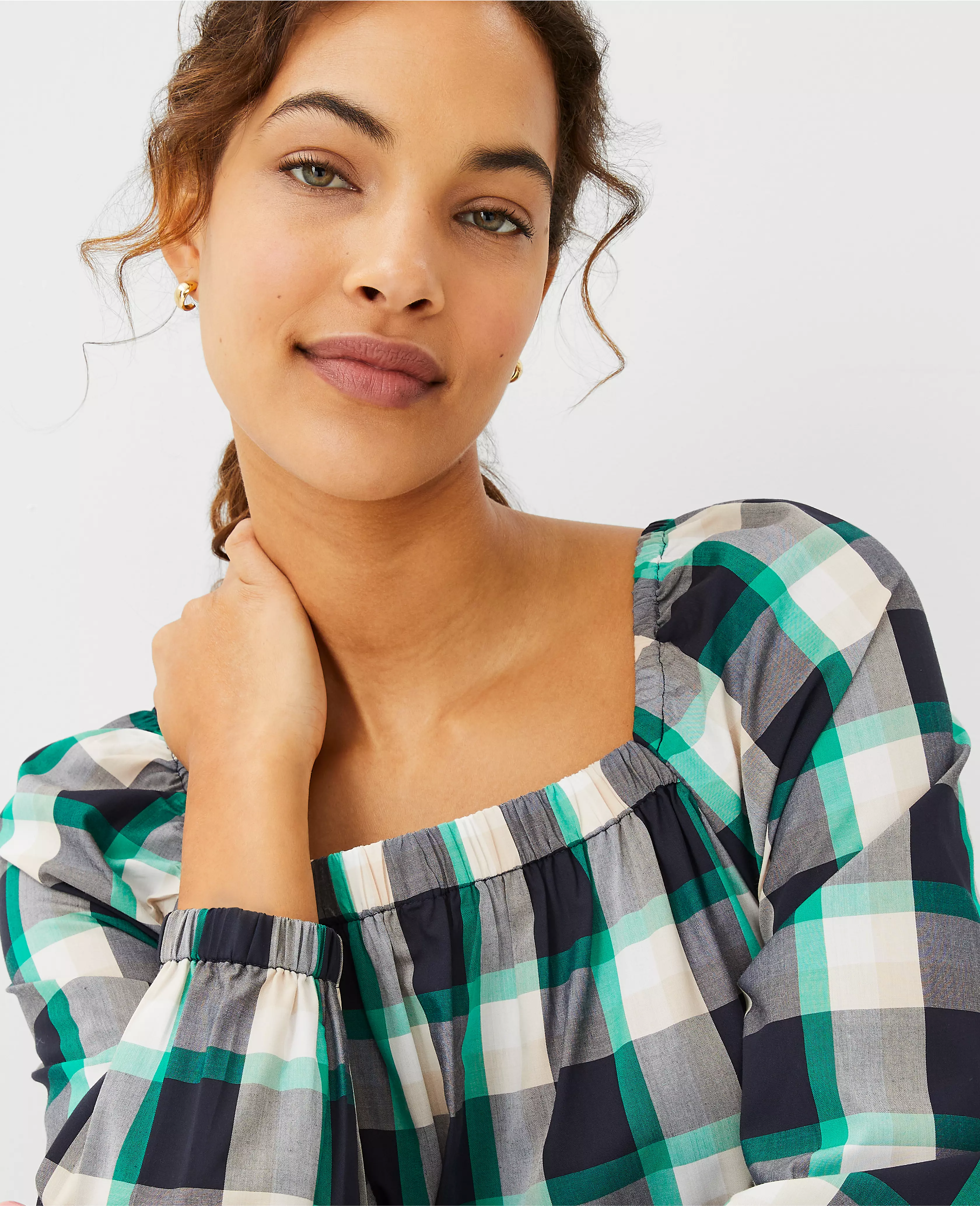 Plaid Ruched Square Neck Top