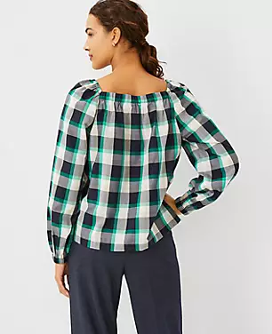 Plaid Ruched Square Neck Top carousel Product Image 2