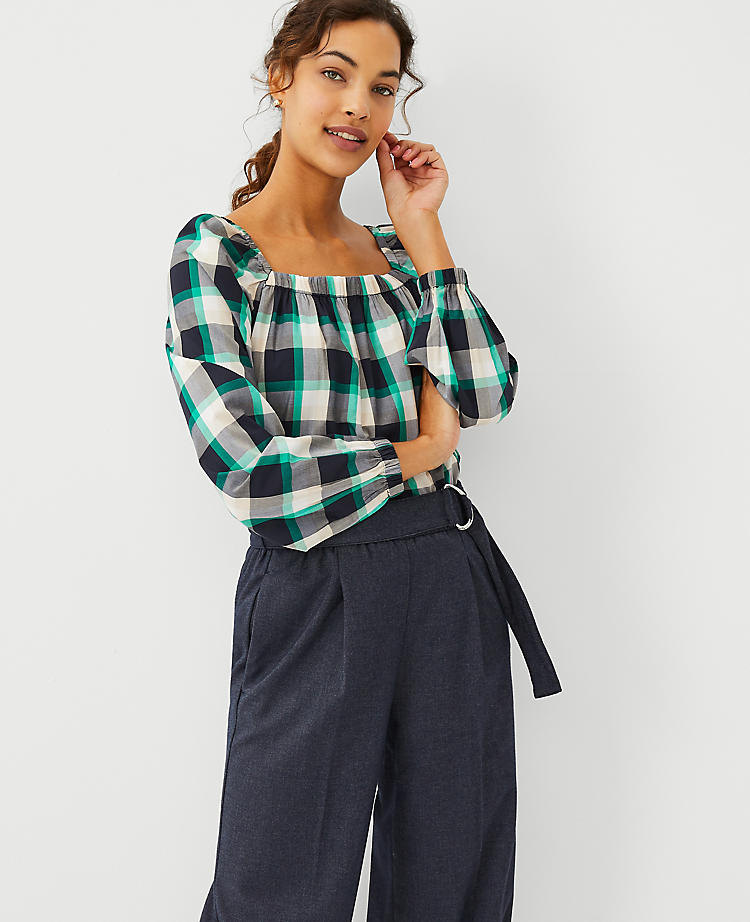 Plaid Ruched Square Neck Top