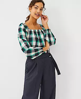 Plaid Ruched Square Neck Top carousel Product Image 3