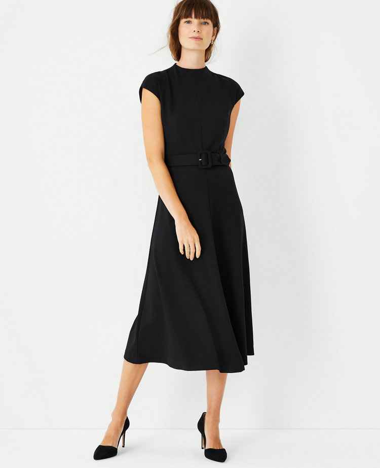 Mock Neck Belted Flare Dress