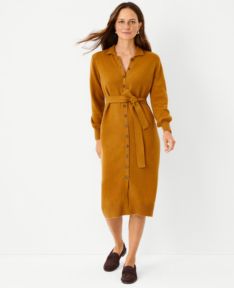 Petite Belted Button Midi Sweater Dress