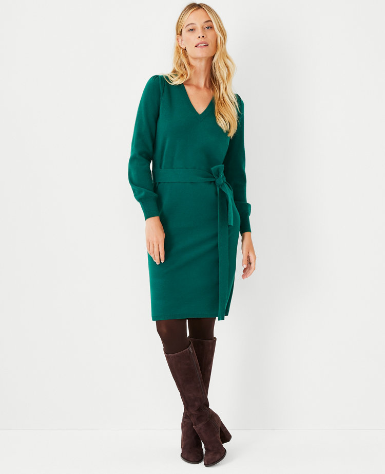 Round Neck Tie Belt Slit Sleeveless Sweater Dress