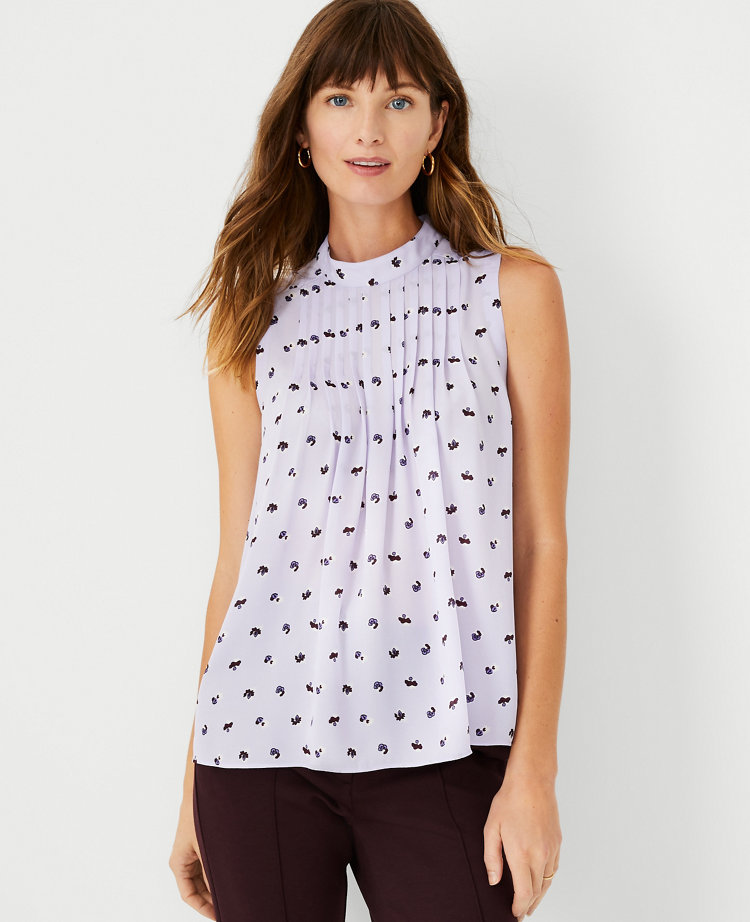 Floral Pintucked Mock Neck Shell