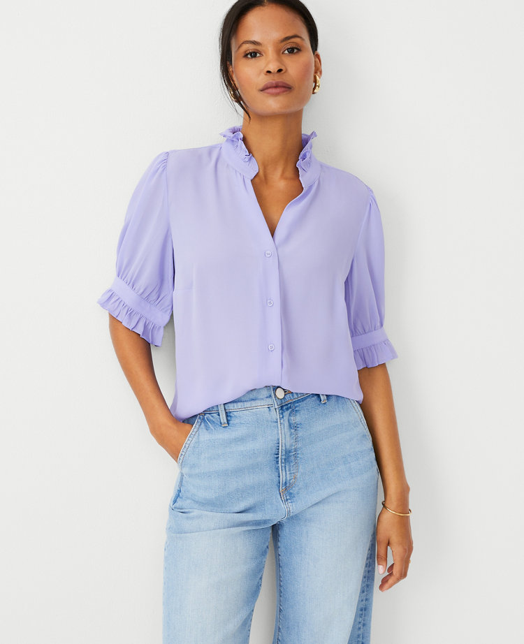 Lilac Frill Sleeve Button Front Blouse