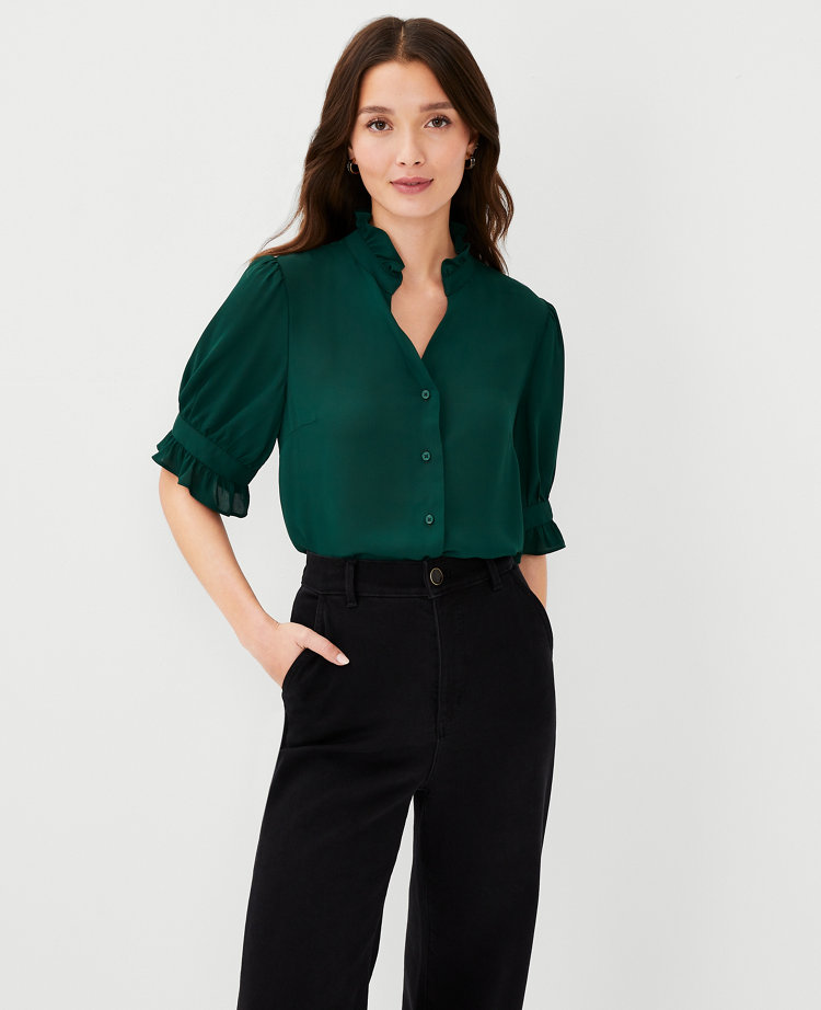 Ann Taylor Ruffle Button Top In Boxwood Green