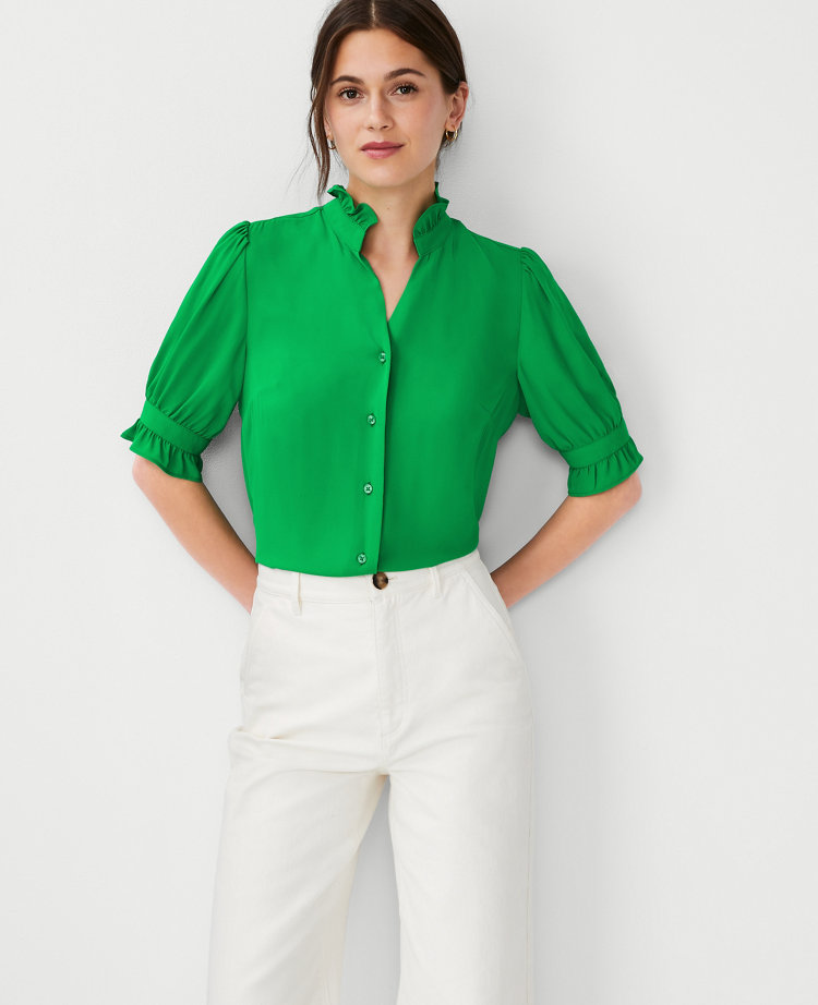 Ann Taylor Ruffle Button Top In Vibrant Clover