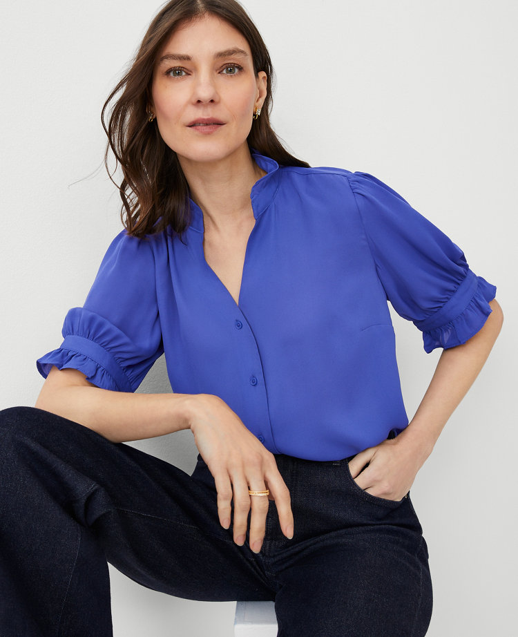 Ann Taylor Ruffle Button Top In Azurine Blue