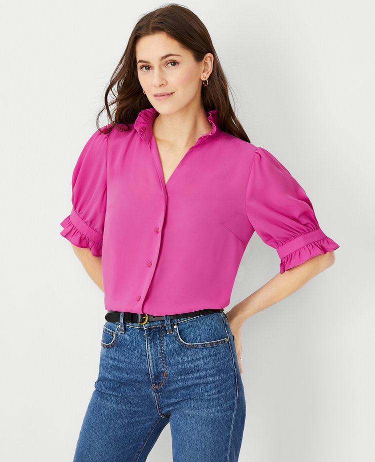 Ann Taylor Ruffle Button Top In Purple Peony