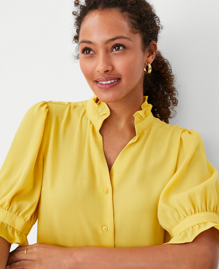 Ann Taylor Ruffle Button Top In Yellow Calla Lily