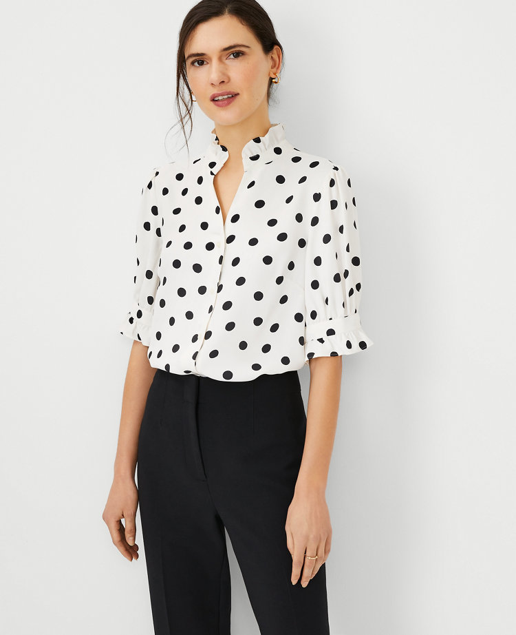 Dot Ruffle Button Split Neck Top