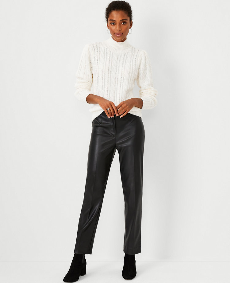 Stradivarius straight leg faux leather pants in black