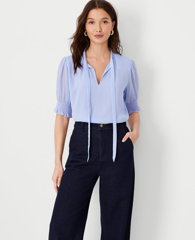 Ann Taylor Tie Neck Puff Sleeve Top In Deep Wisteria