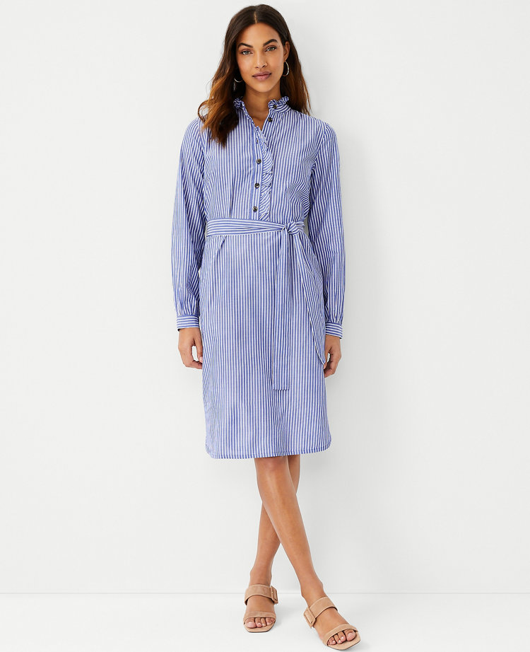 Pinstripe Ruffle Neck Shirtdress