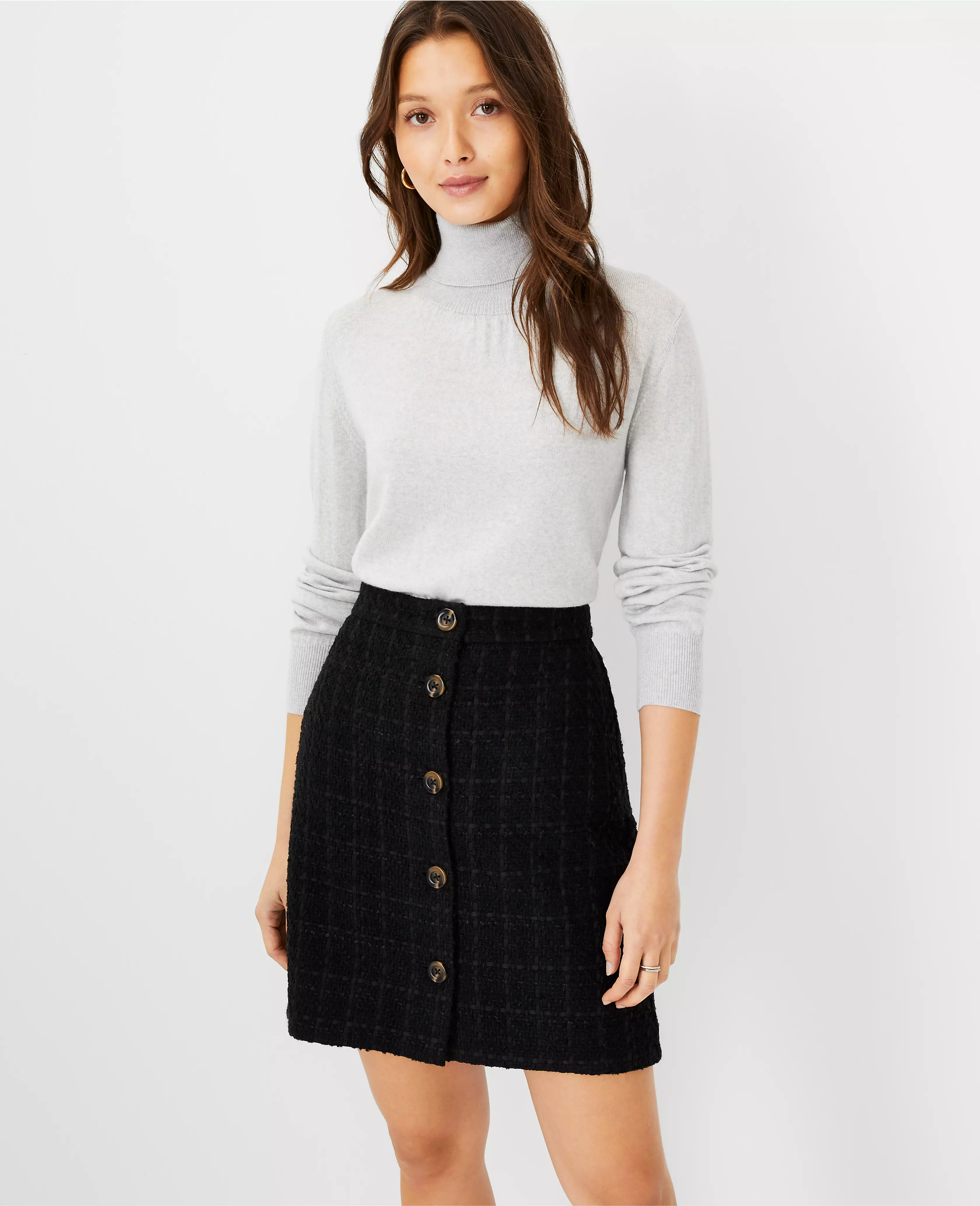 Petite Tweed Button Front Skirt