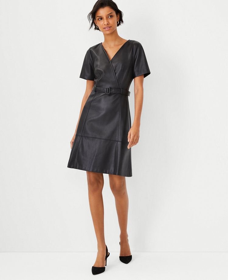 Petite Faux Leather Belted Flare Dress