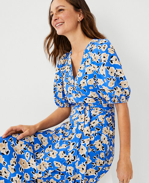 Floral Puff Sleeve Wrap Dress