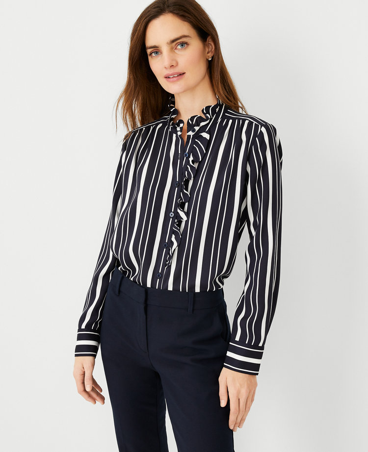 Striped Ruffle Button Top