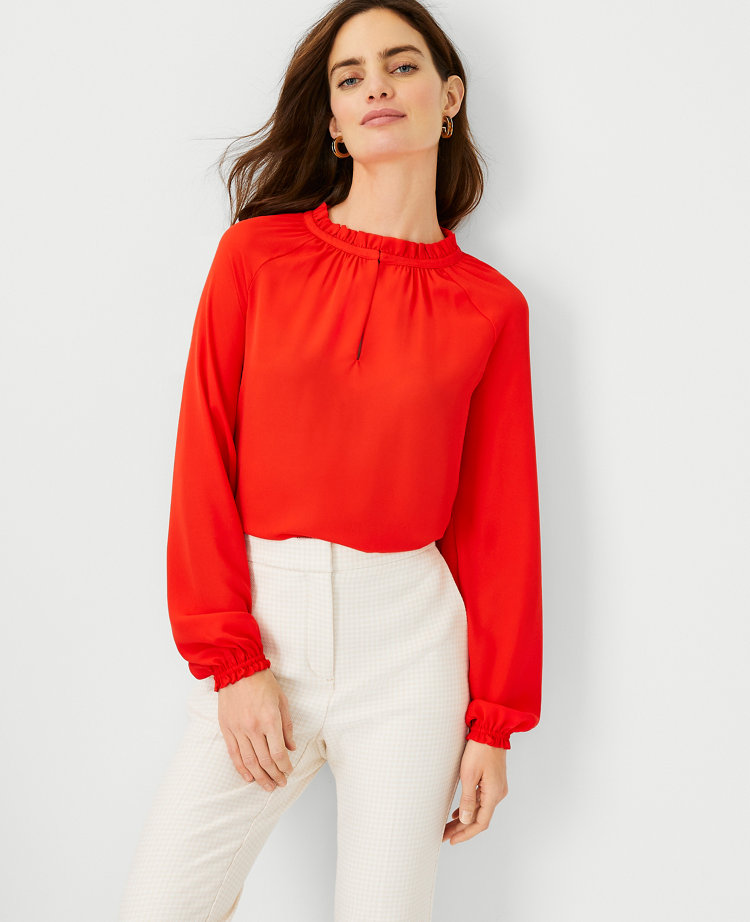 Ann Taylor Leafed Mixed Media Ruffle Sleeve Split Neck Top