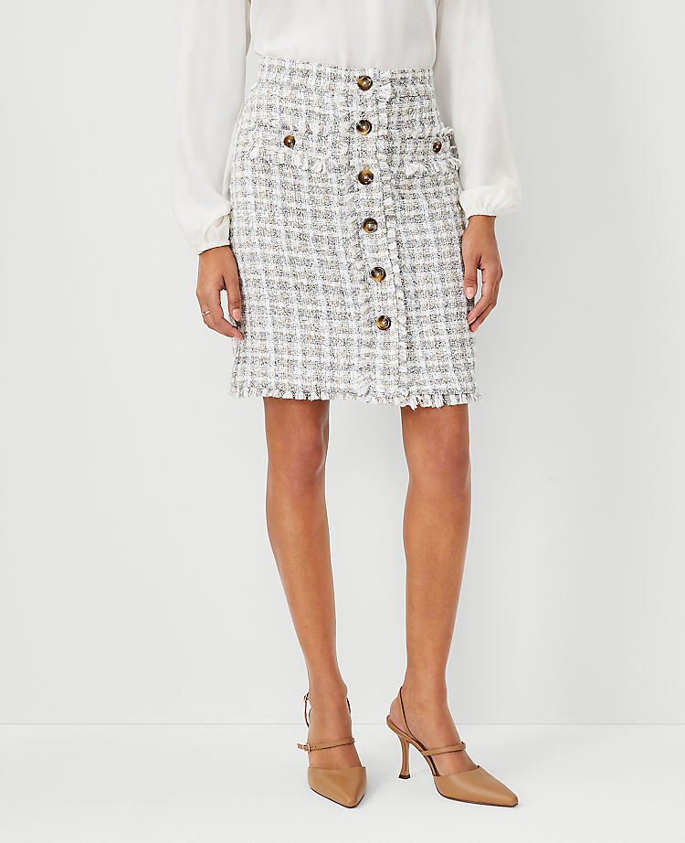 Fringe Tweed Button Skirt