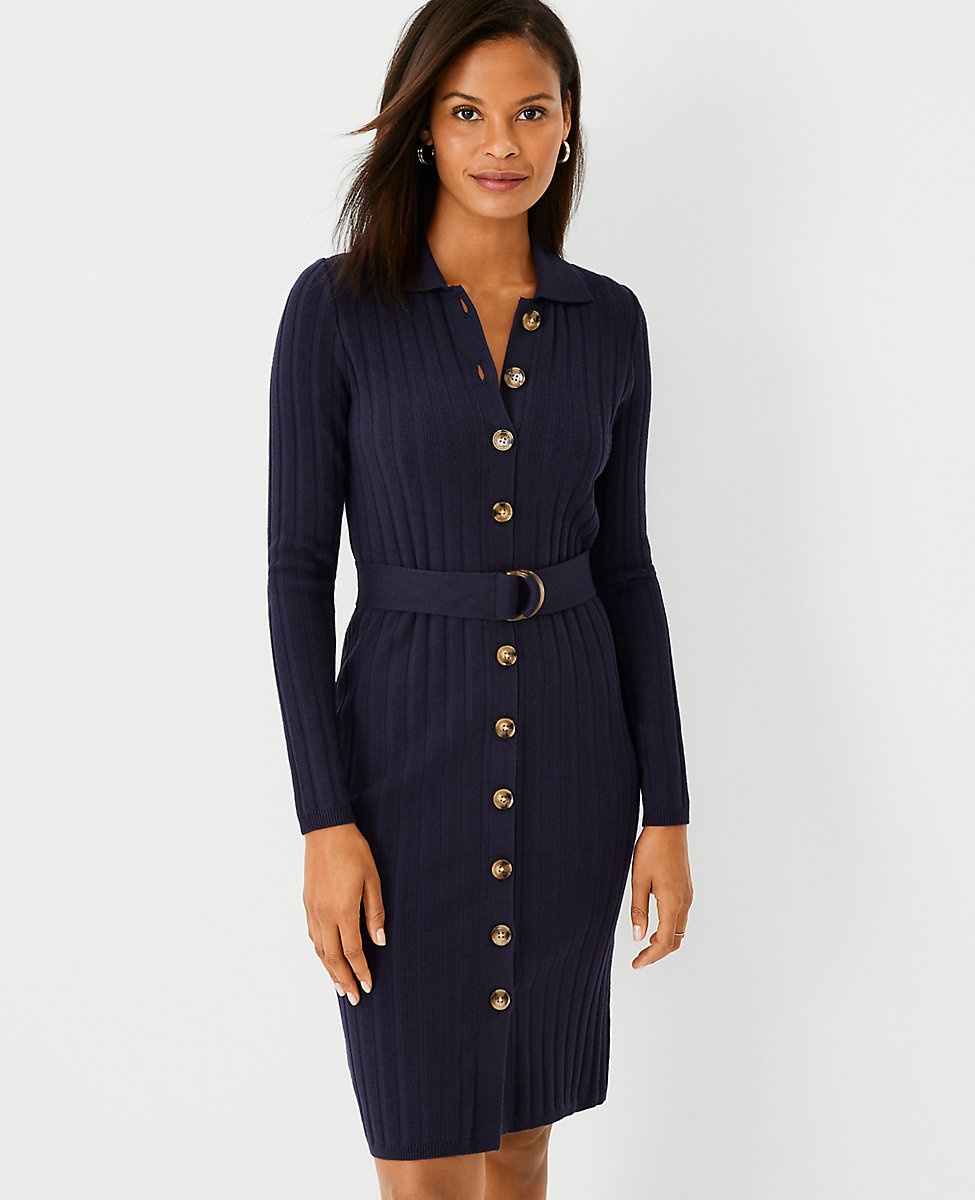Button Front Belted Sweater Dress