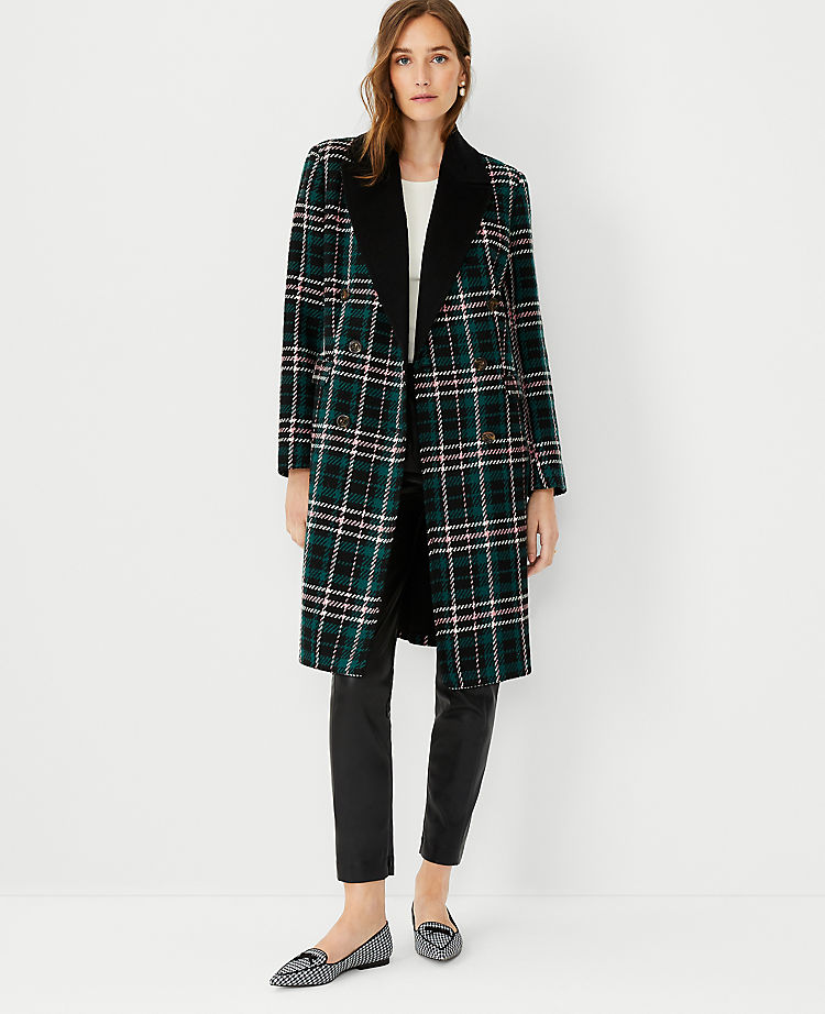 Petite Plaid Wool Blend Double Breasted Coat