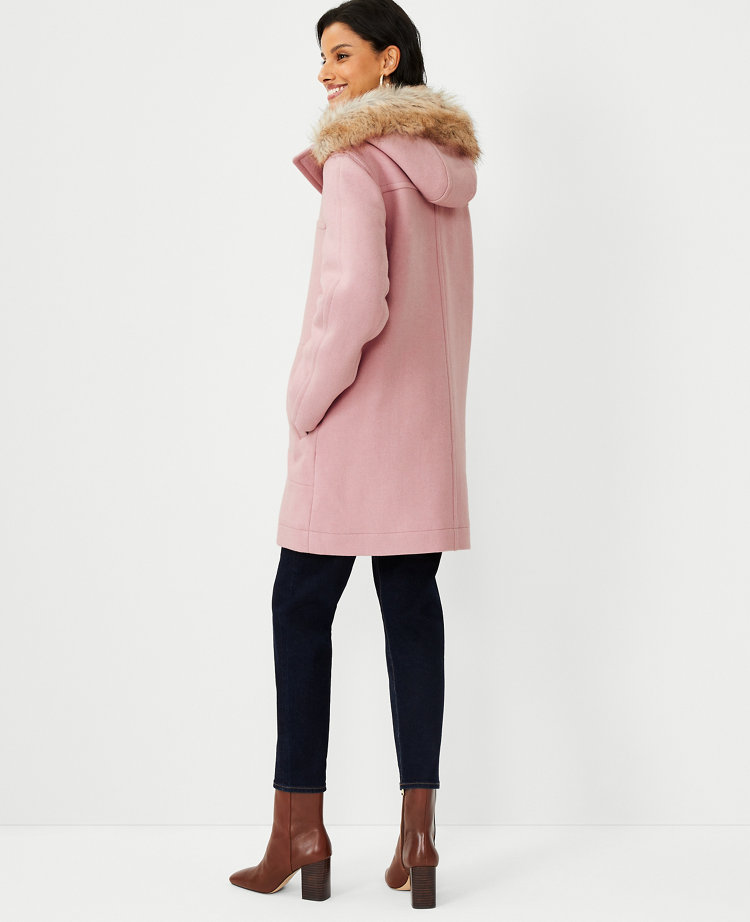 Petite Faux Fur Hooded Wool Blend Duffle Coat