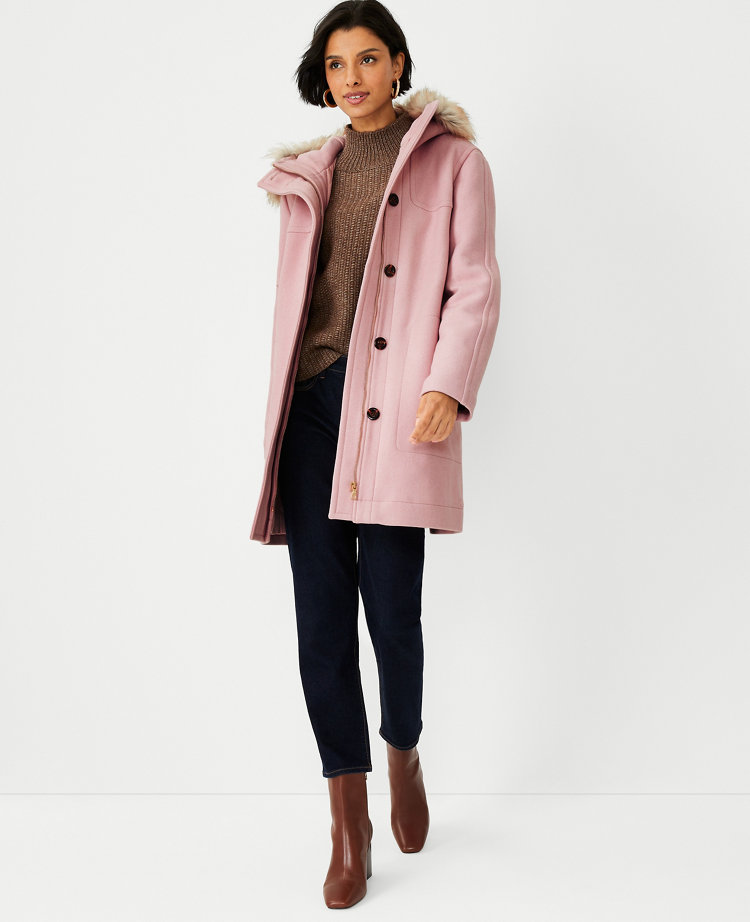 Wool coat with faux cheap fur hood