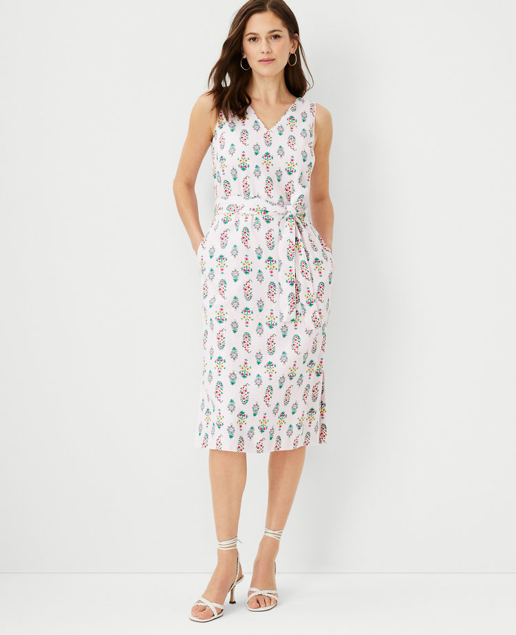 Floral Linen Blend Tie Waist Sheath Dress