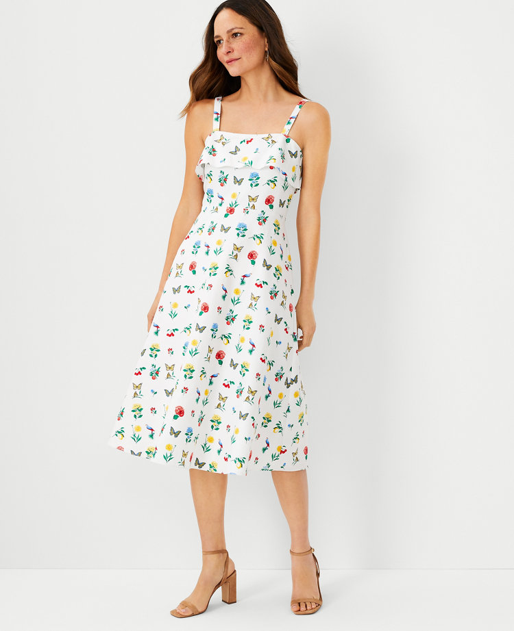 Botanical Floral Butterfly Print Cotton Fit-n-Flare Midi Dress