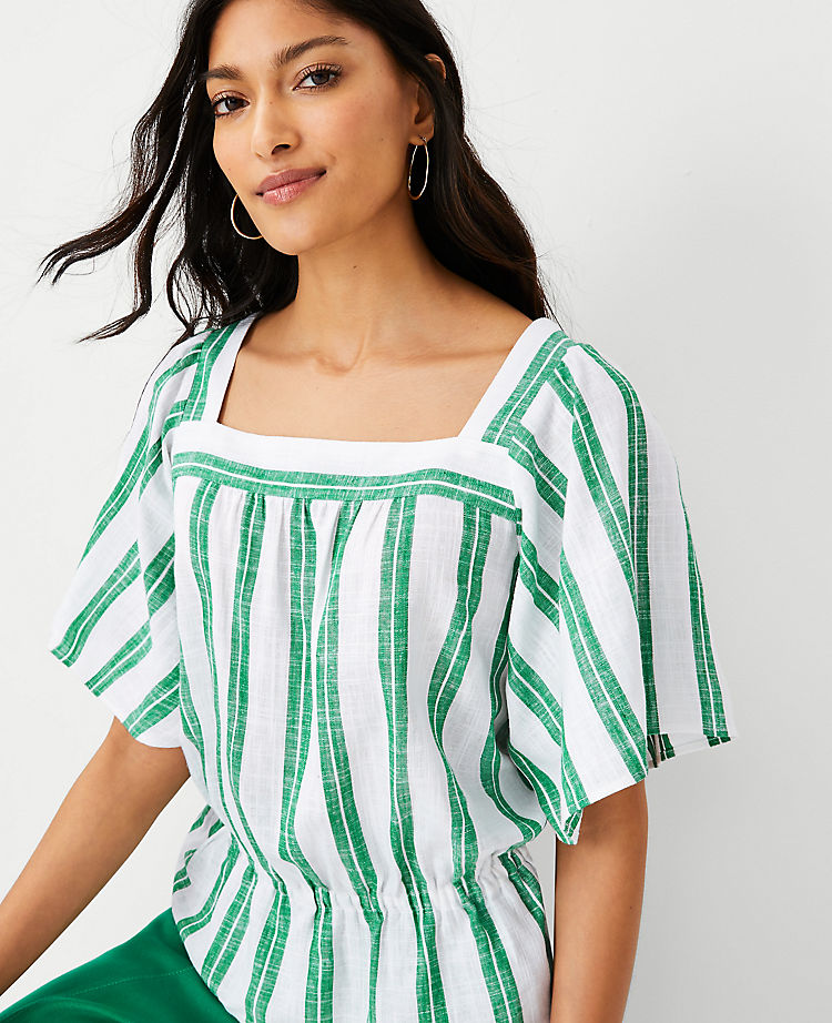 Striped Square Neck Cinched Waist Top 