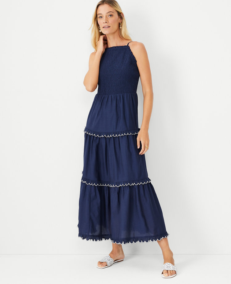 New Ann Taylor LOFT Blue Ruffle Tiered Knit Cotton Sz S Midi Dress Elastic  Waist