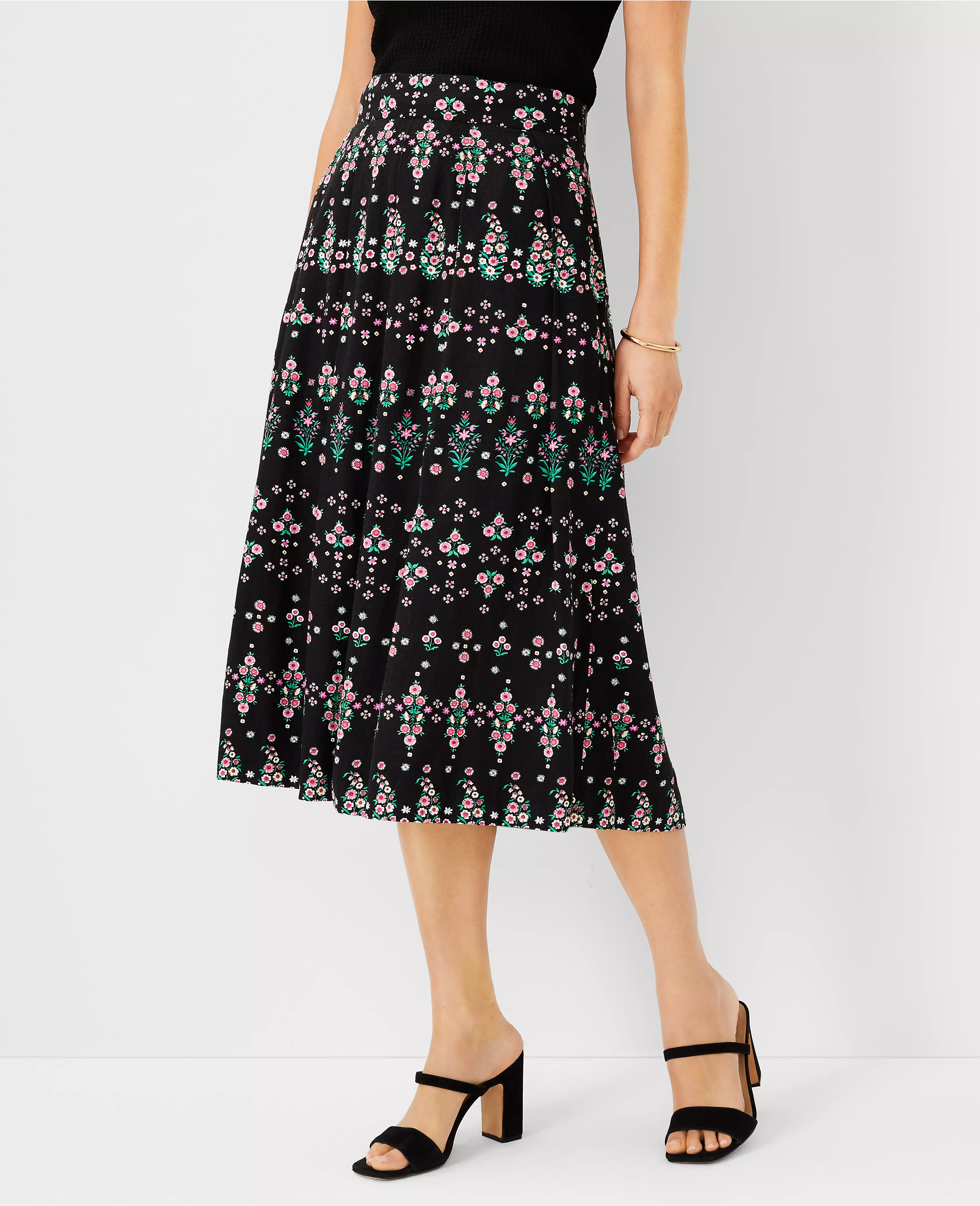 Floral Stripe Pleated Skirt