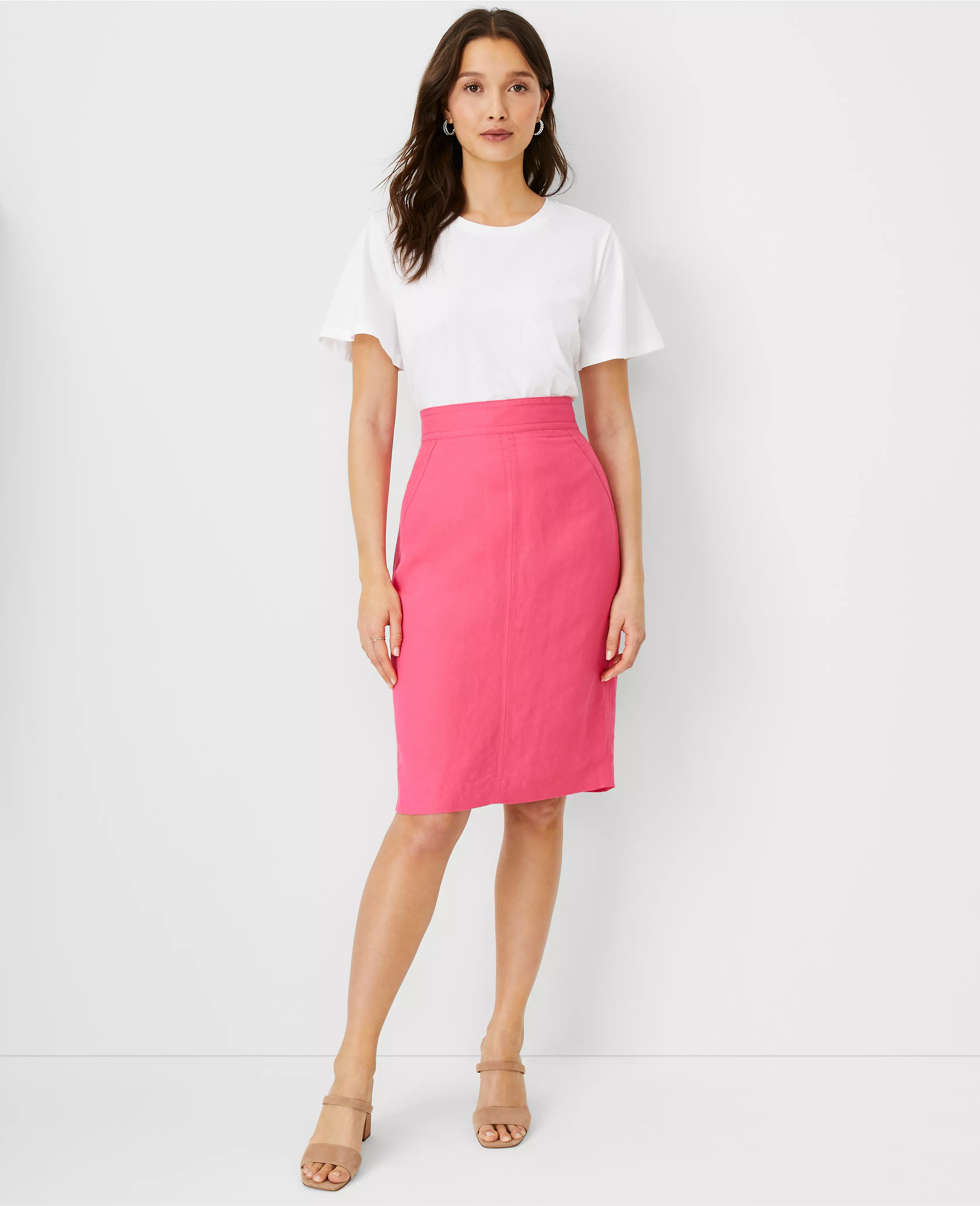 Linen Blend Seamed Pencil Skirt