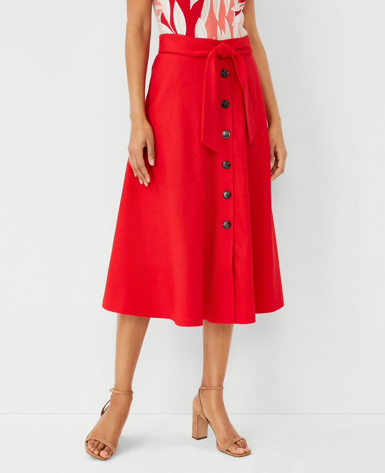 Linen Blend Button Tie Waist Midi Skirt